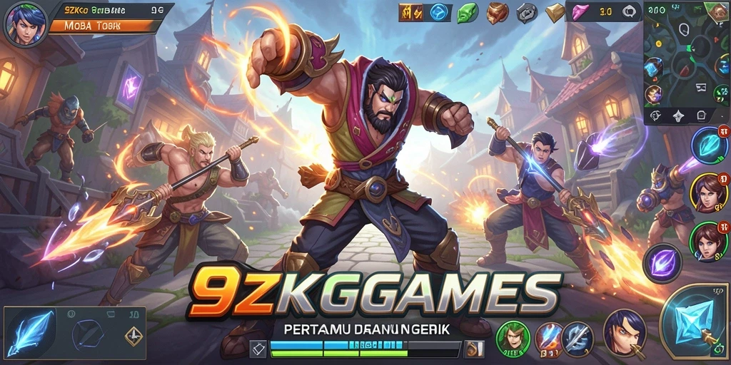 Tampilan gameplay MOBA yang intens dan seru dalam 9ZKGAMES.