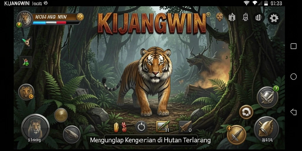 Screenshot gameplay KIJANGWIN menampilkan suasana menakutkan di hutan angker.