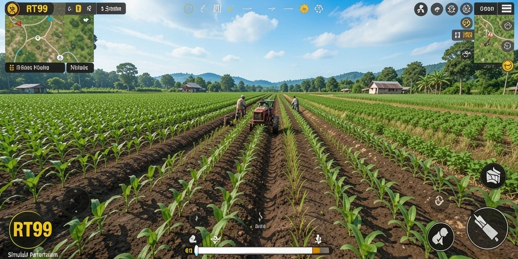 Tangkapan layar gameplay RT99 dengan aktivitas berkebun yang menarik.